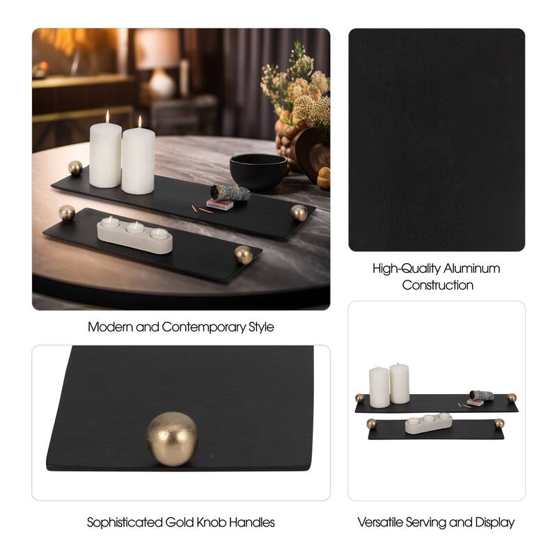 Sagebrook Home Modern Glam Metal Set Of 2 Large Flat Tray With Gold Knob Handles, - 24.0" x 7.0" x 2.0"