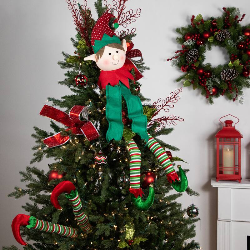 16" Plush Red and Green Elf Christmas Tree Topper, Unlit
