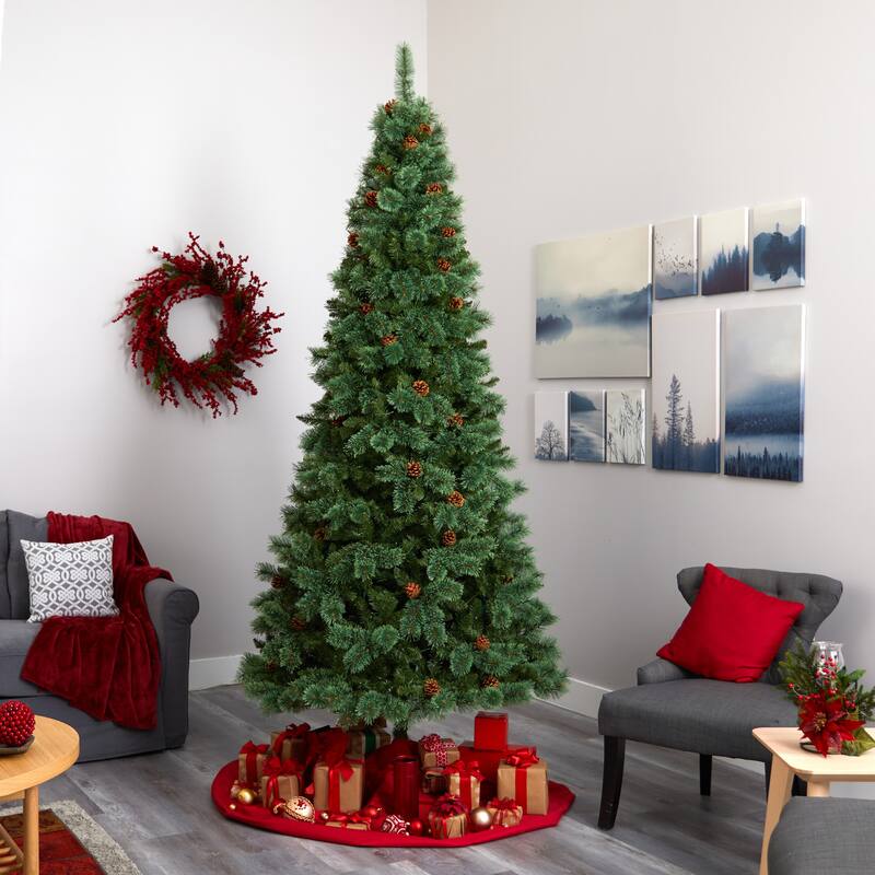 9' White Mountain Pine Artificial Christmas Tree with 650 Clear LED Lights and Pine Cones