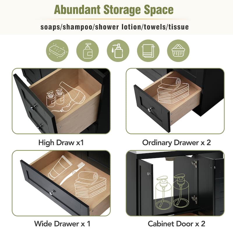 GDFStudio - Vega Wood & Ceramic 36" Shaker Style Bathroom Vanity with Sink, 4 Drawers & 2 Doors