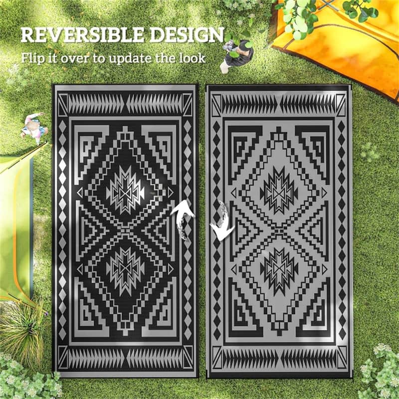 Reversible Outdoor Rug Square Patchwork, UV-Protected Foldable Polypropylene Mat with Carry Bag - : 215.7" L × 107.9" W