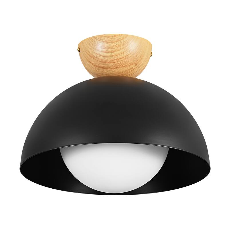 1-Light 11.8" Modern Farmhouse Black Semi-Flush Mount Ceiling Light - 11.8 in. W x 9.84 in. H