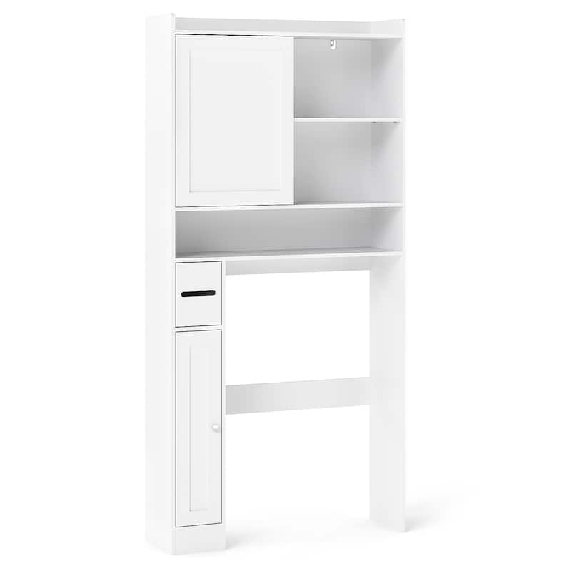 White MDF Over-the-Toilet Storage Cabinet with Sliding Door Adjustable Shelves and Toilet Paper Holder - 32.5" x 10" x 67.5"