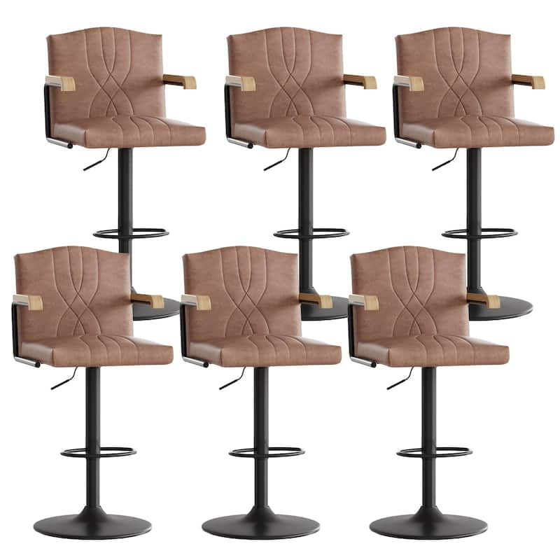 Javlergo 2/4/6-Piece Adjustable Height Bar Chairs Brown PU Leather with Wave Pattern Armrests Black Base with Arc Footrest - Set of 6
