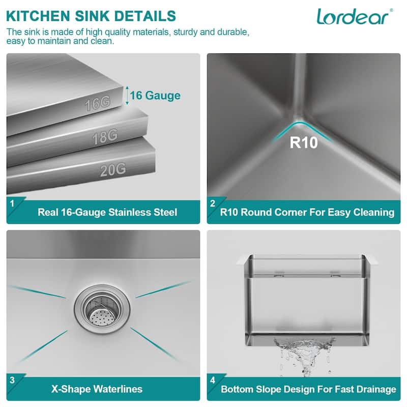Lordear 17" Stainless Steel Sink Undermount Workstation Single Bowl Bar Sink or Kitchen Sink with Folding Faucet