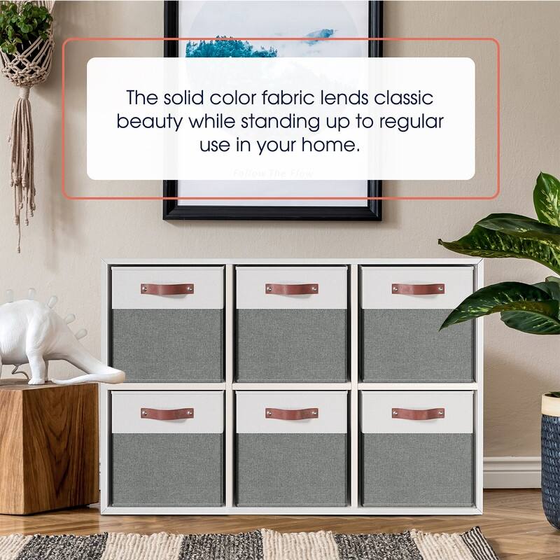 Foldable Collapsible Storage Box Bins Linen Fabric Shelf Basket Cube Organizer with Leather Handles - Set of 6