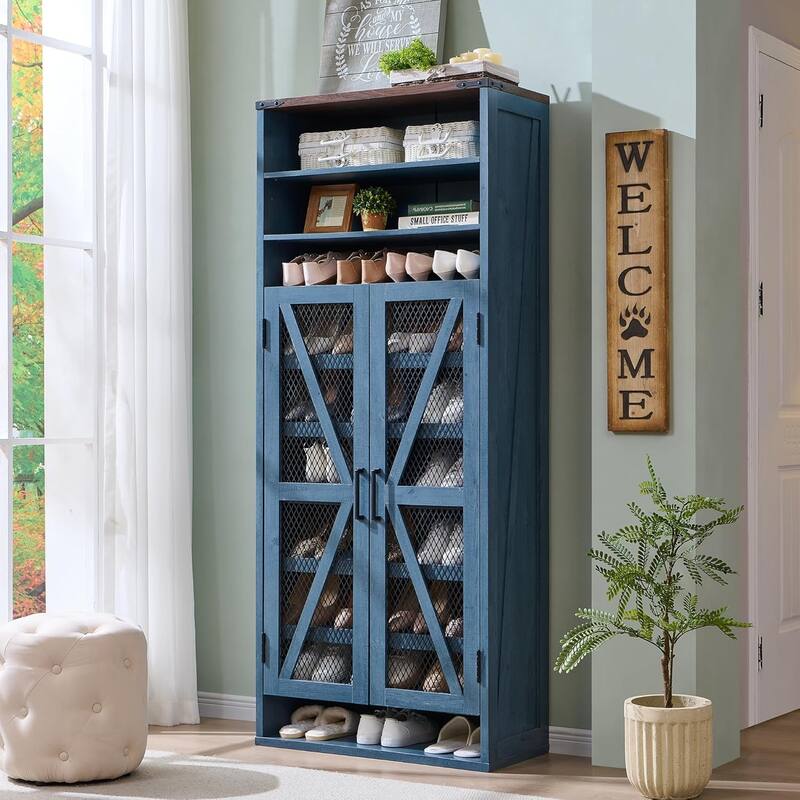 72" Tall Farmhouse Shoe Cabinet, Rustic Wooden Shoe Organizer - Blue