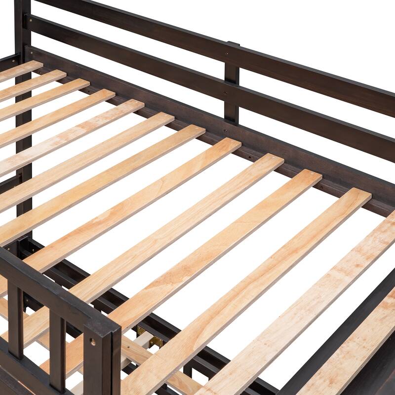 Twin Over Full Bunk Bed with Drawers, Shelves, and Wheels, Espresso Finish