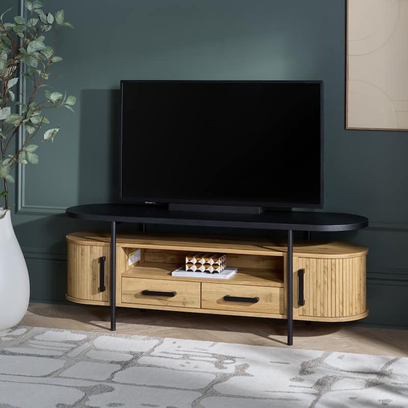 SAFAVIEH Home Etka 2-Drawer Tambour Door Media Stand - 55"W x 16"D x 20"H - Oak/Black