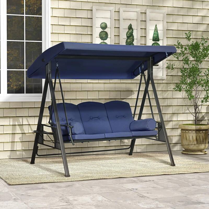 3-Seat Patio Swing Chair, Adjustable Canopy, Side Trays, Comfort Set
