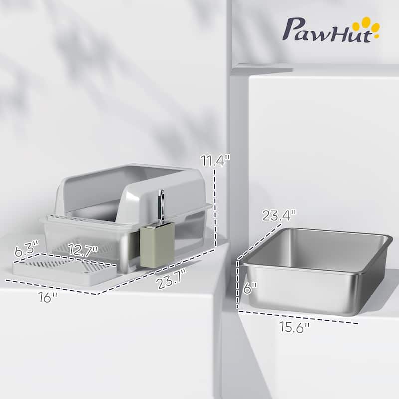 PawHut XL Stainless Steel Litter Box, Metal Litter Box High Sided, Anti-Urine Leakage, Non-Sticky, Light Gray