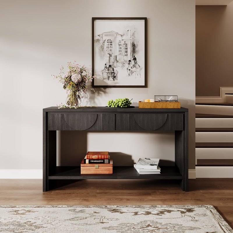 Farmhouse 55.12" Console Table with Distressed Wood Finish and Fluted Drawers for Living Rooms