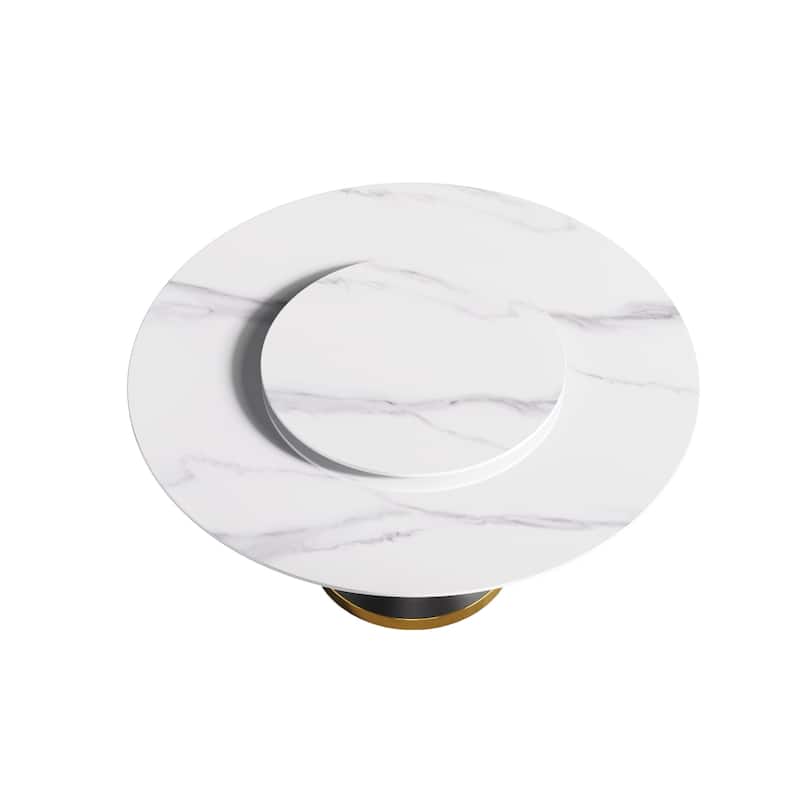 59'' Round Marble Dining Table with Solid Wood Pedestal