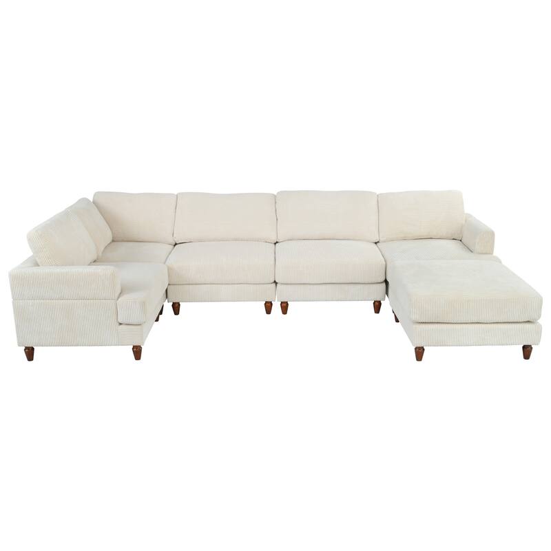 L Shaped Modular Sectional Sofa with Ottoman, Corduroy Upholstered Sleeper Sofa Bed, Corner Sectional Couch with Wooden Legs