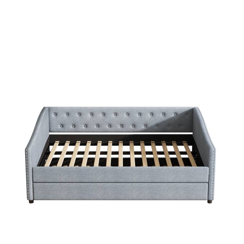 Full Size Daybed with Twin Size Trundle Upholstered Tufted Sofa Bed, with Button on Back and Copper Nail on Waved Shape Arms