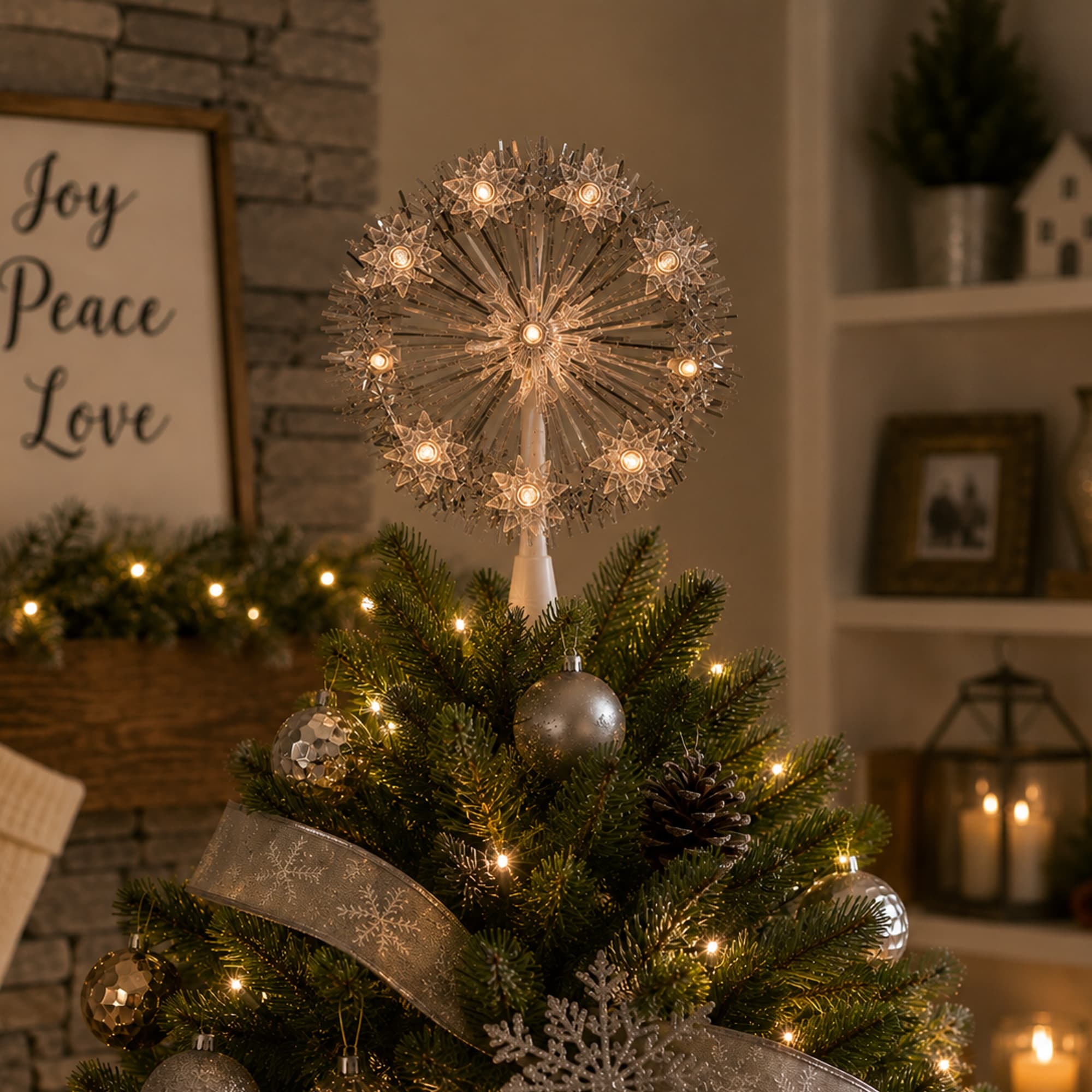 7" Silver Snowflake Starburst Christmas Tree Topper Clear Lights