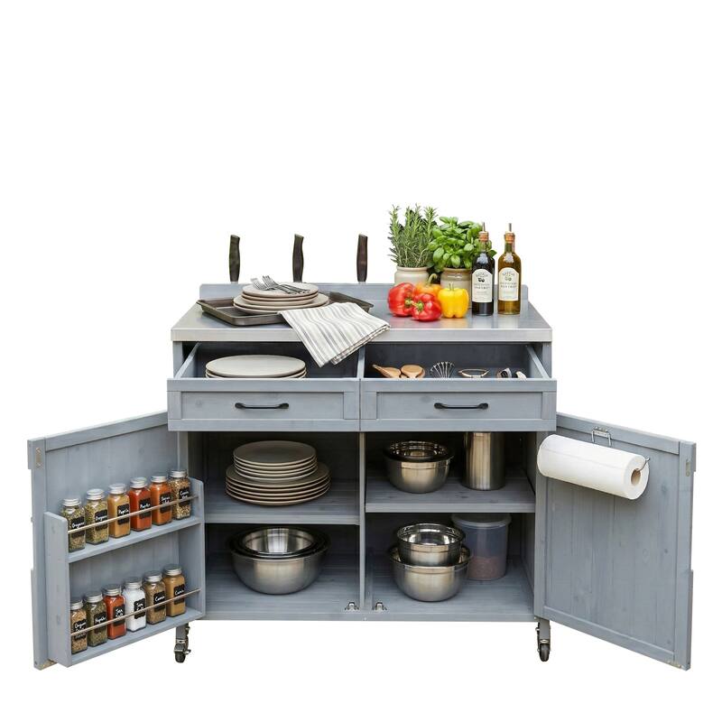 39.4" Outdoor Kitchen Island with Stainless Table Top, with One Large Drawer, Internal Storage Racks & 4 Wheels