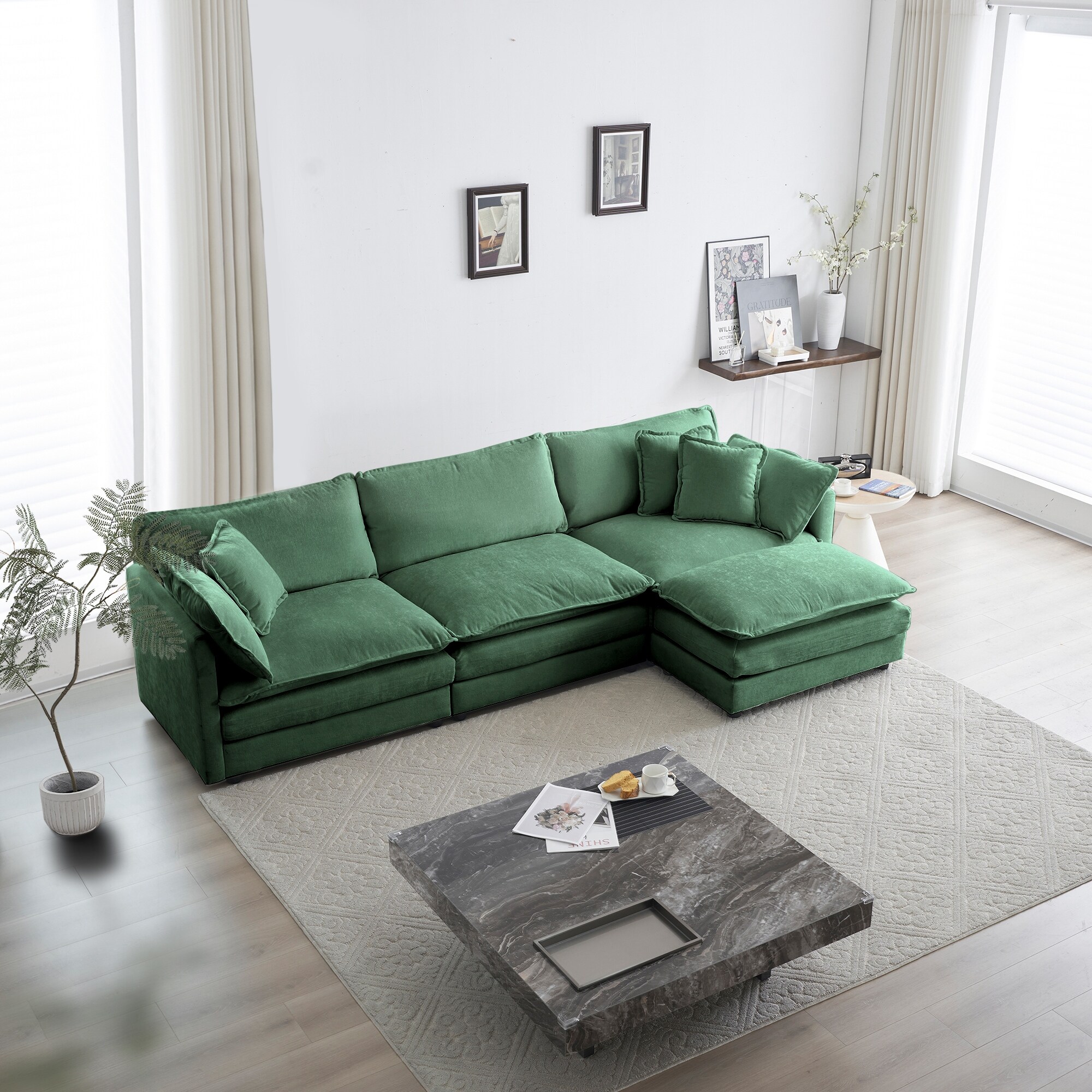 Modular Green Sectional Sofa Leisure Couch with Reversible Ottoman L Shaped 3 Seat Chenille Sleeper Sofa for Living Room