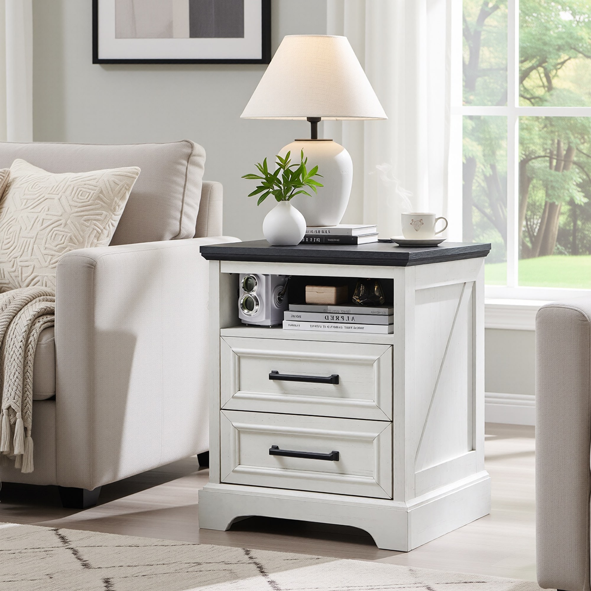 Modern Side Table with Charging Station, Nightstand, End Table