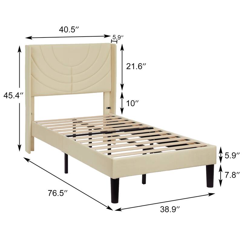Kids Bed Frame, Height Adjustable Upholstered Bed, Twin Size Bed Set of 2