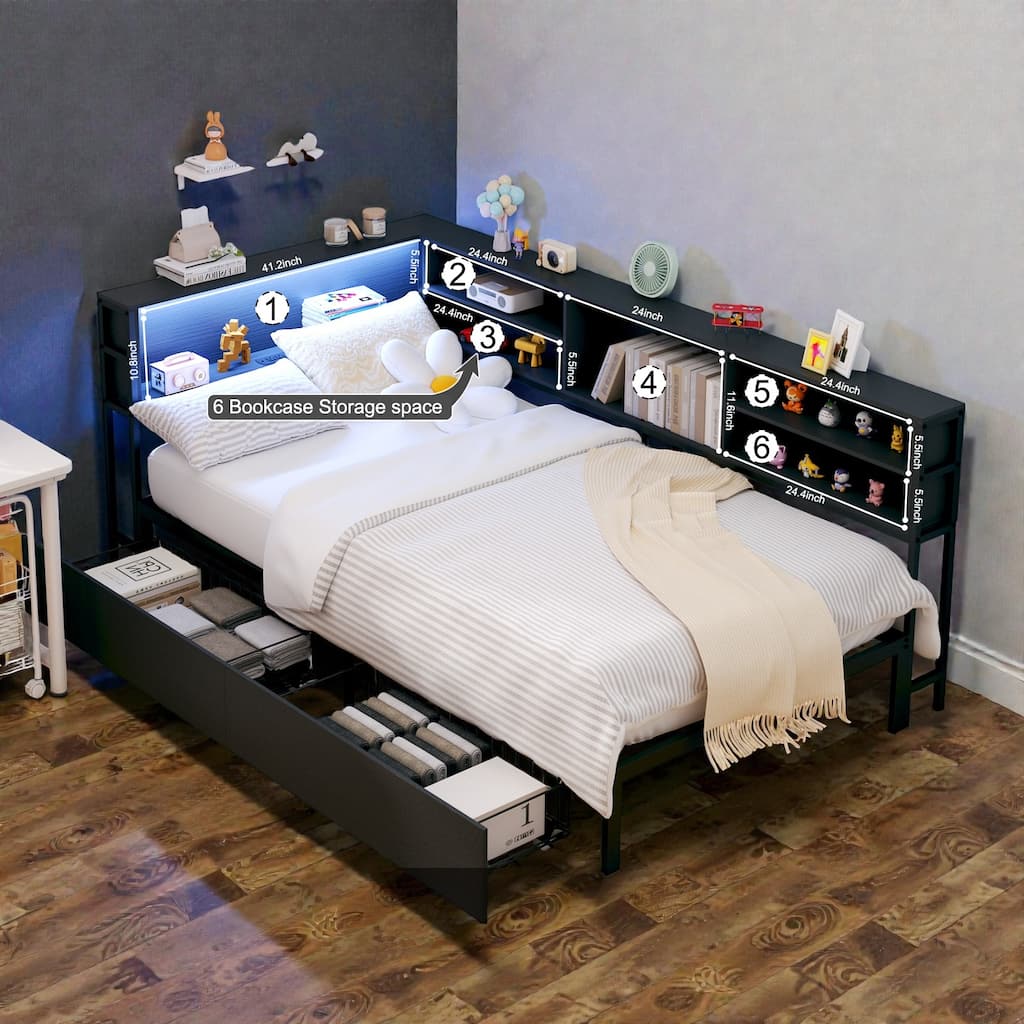 Corner Daybed with Storage Drawers and Bookcase Headboard, LED Light, USB Charging Station, No Box Spring Needed