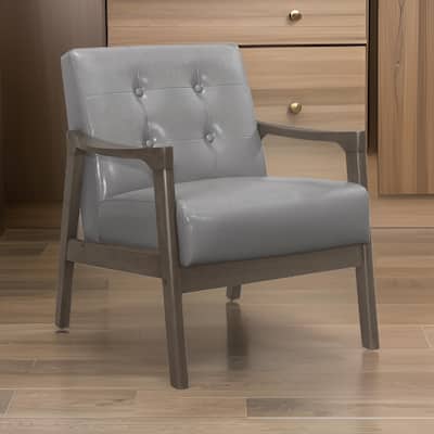 Aly 31 Inch Accent Chair Armchair, Gray Faux Leather, Brown Solid Wood
