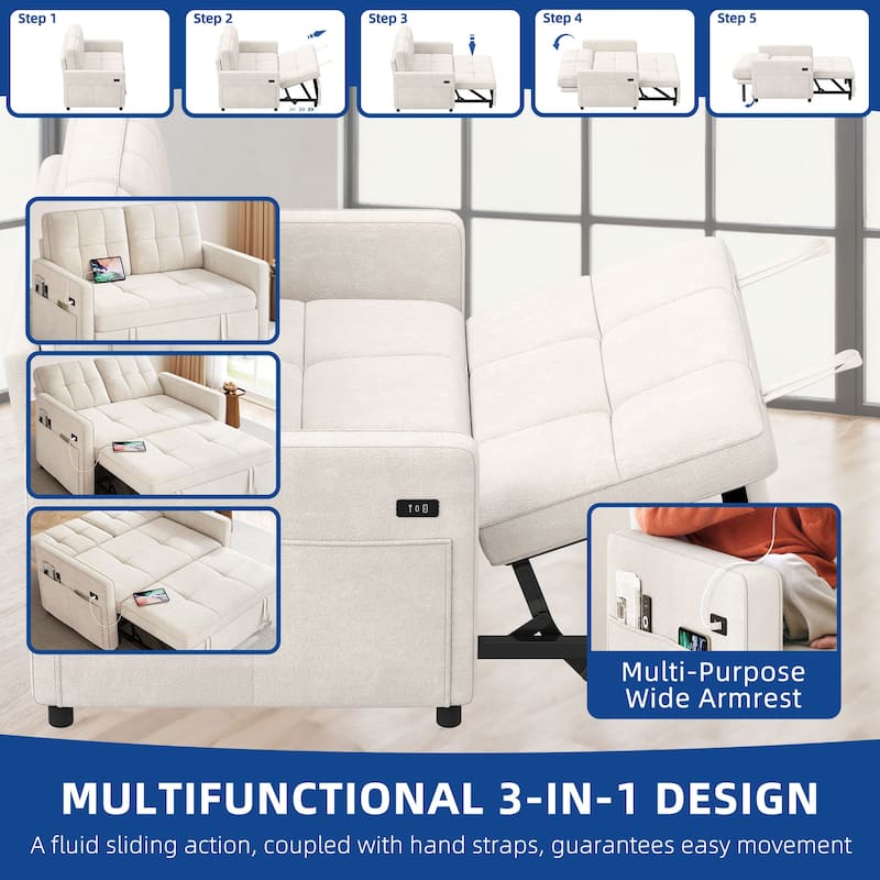 Moasis 3-in-1 Multi-Functional Sleeper Sofa with Iron Frame Pull-Out Bed,Loveseat Bed with USB Port