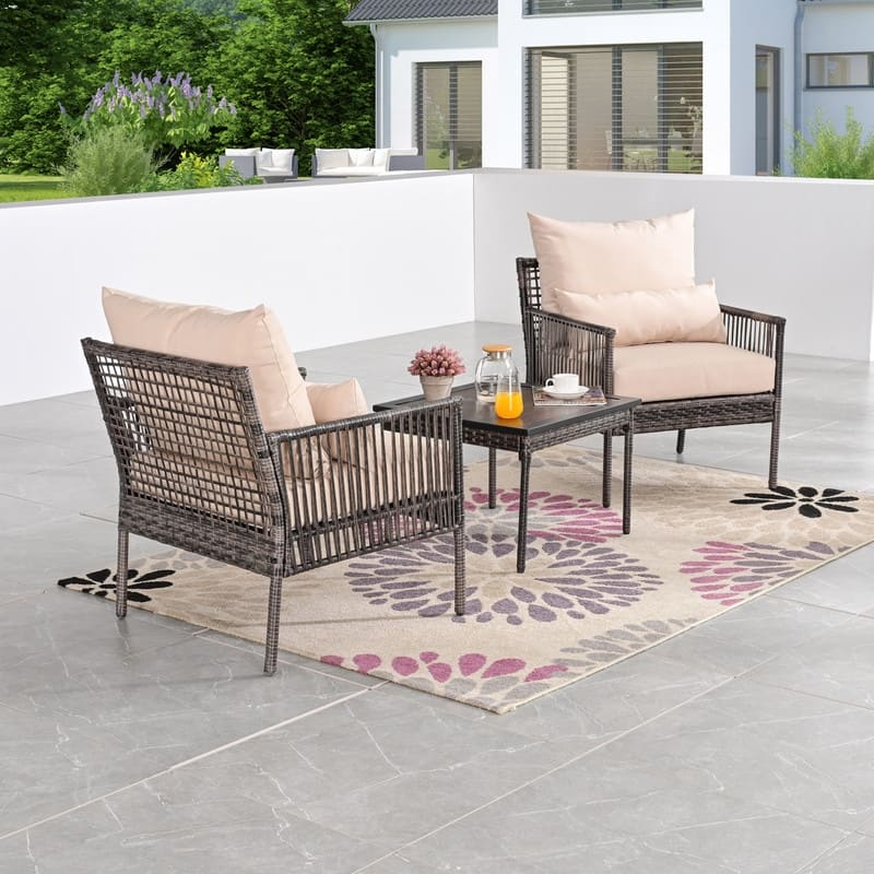 3-Piece Outdoor Wicker Conversation Bistro Set with Cushions and Pillows