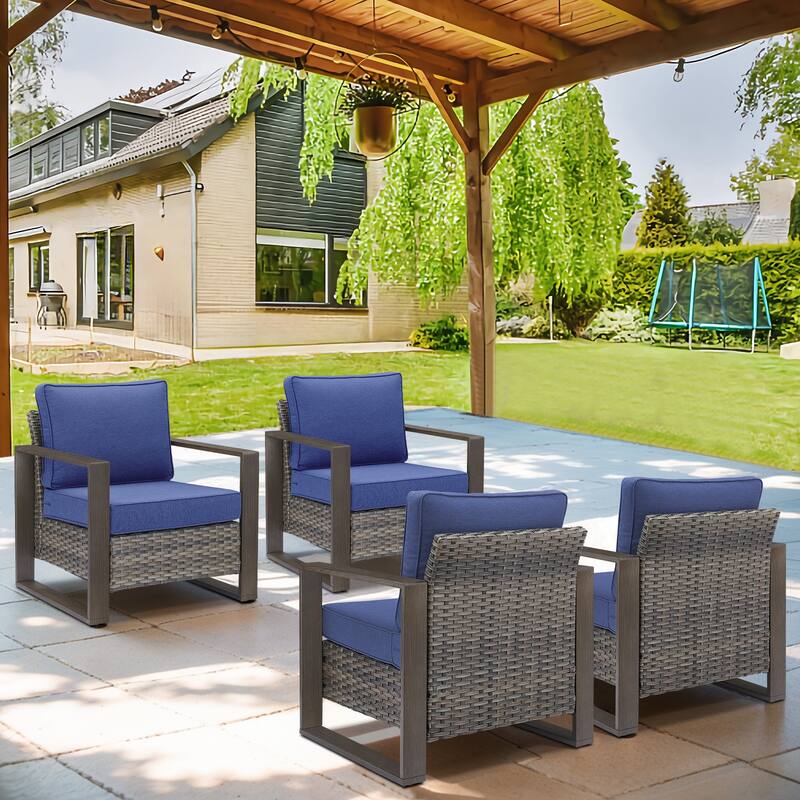 Gymojoy Outdoor Wicker Patio Furniture Chair Set - 4-Piece - Club Chairs - Grey Wicker / Blue Cusion