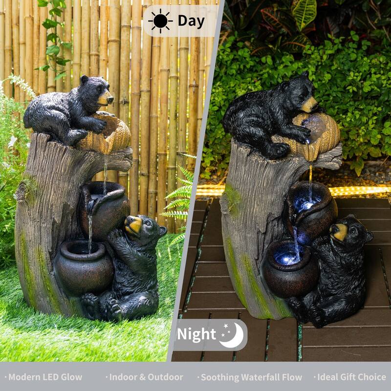 23.62 Inch Bear Outdoor Water Fountain with LED Lights Cascading Resin Garden Water Feature - N/A