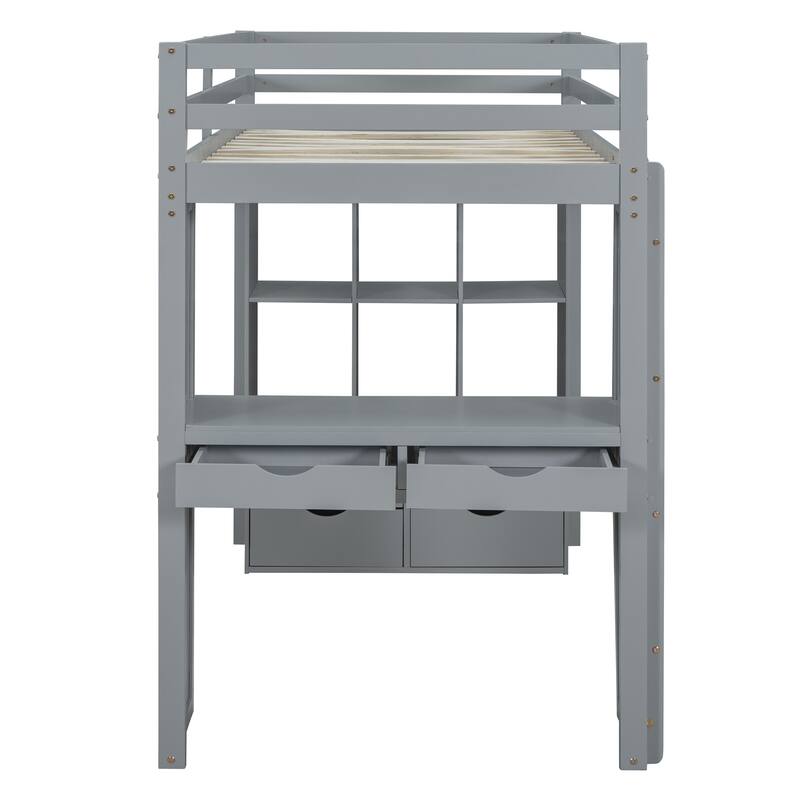 Twin Loft Bed with Shelves, Desk, and LED Light in Gray