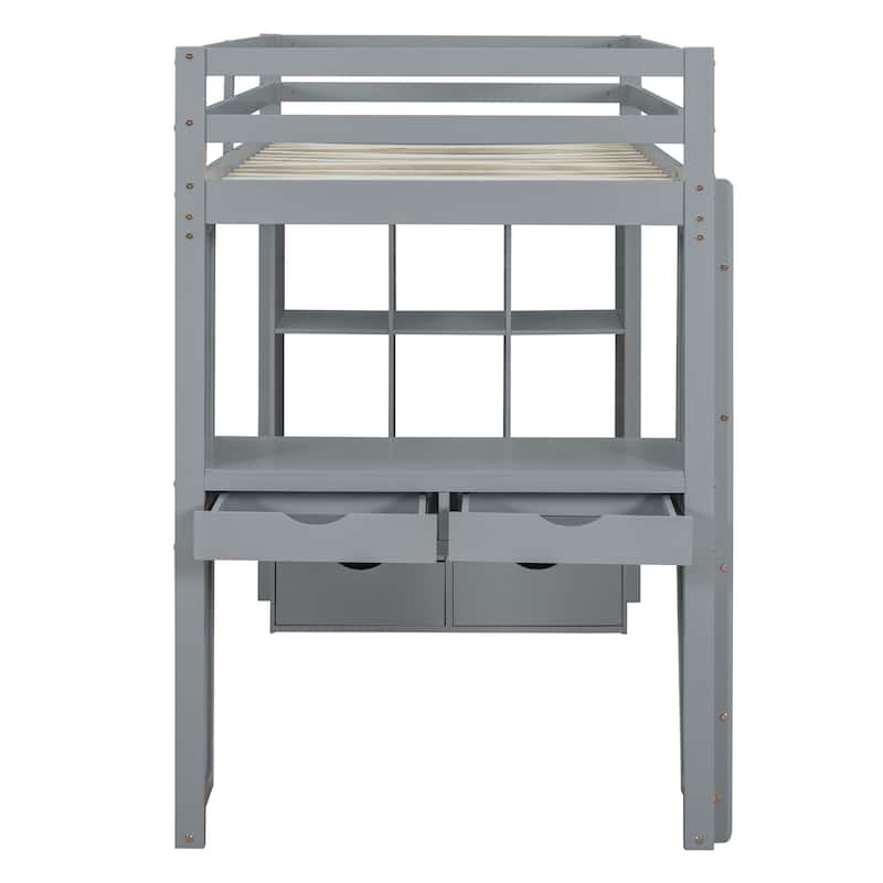Twin Size Solid Wood Loft Bed with large shelves, writing desk and LED Light for Bedroom