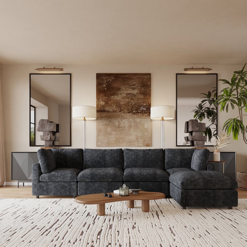 Cloud Sectional Couches for Living Room,100.5" Convertible L Shaped Couch with Ottoman, 4 Seater Modular Sectional Sofa - LShaped 4 Seats+1Ottoman Black