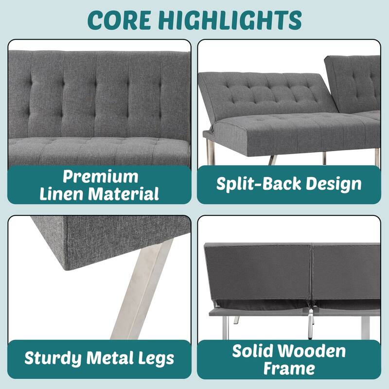 Tufted Mid-Century Modern Split Back Futon Sofa Couch Bed with Chrome Legs