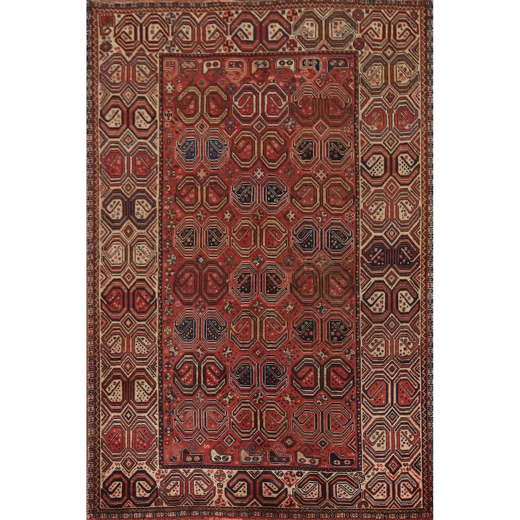 Geometric Shiraz Persian Vintage Area Rug Hand-Knotted Wool Carpet - 5'1"x 7'11"