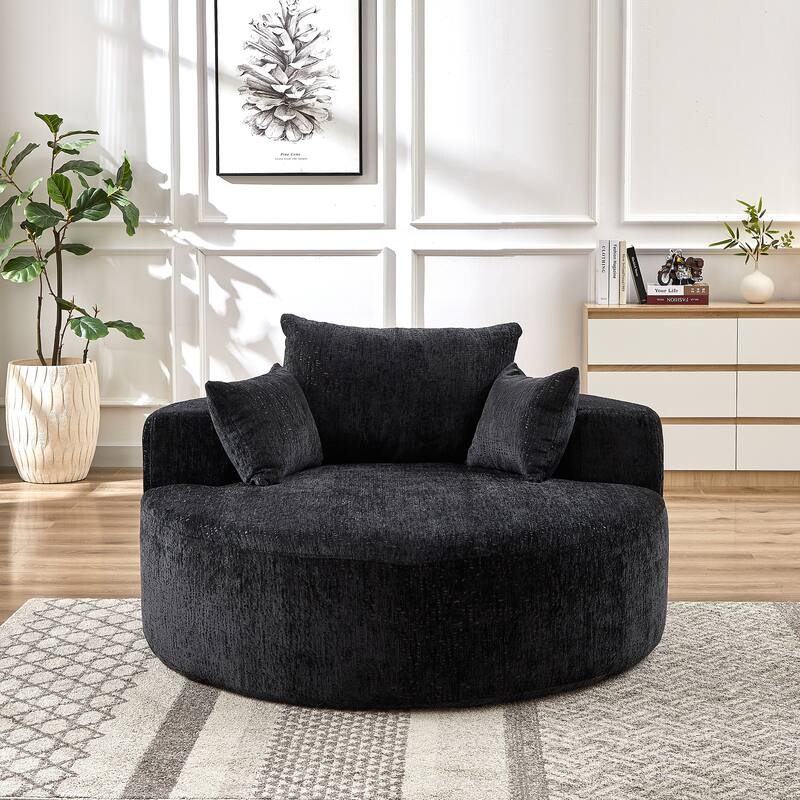 Black Modern 55" Round Chenille Sponge Single Sleeper Sofa with Backrest Pillow for Living Room