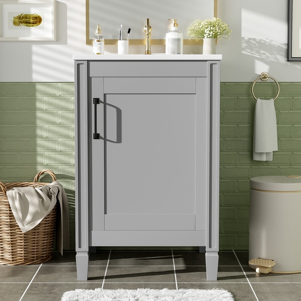 Bathroom Vanity with Ceramic Sink, Freestanding Bathroom Cabinet with Soft Close Door, Adjustable Shelf & Door Storage Rack