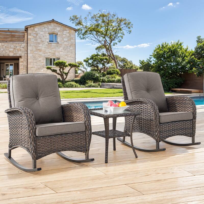 Gymojoy Patio Furniture Set PE Wicker Rocking Chairs & Side Table - 3-Piece - Brown Wicker / Grey Cushion