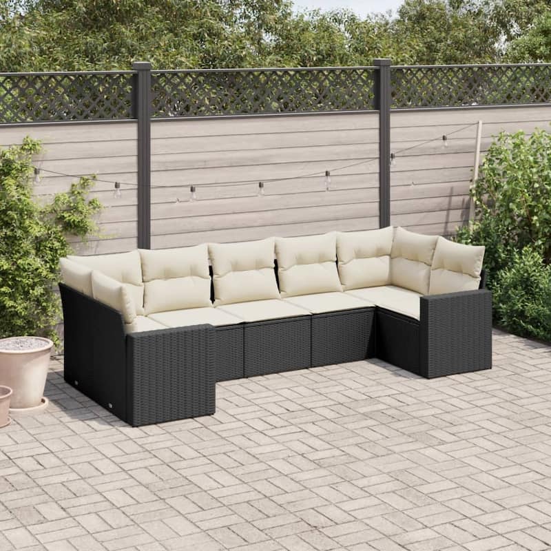 vidaXL Patio Sofa Set with Cushions Outdoor Furniture 7 Piece Poly Rattan - 24.4 x 25.8 x 27.2 - Black and cream
