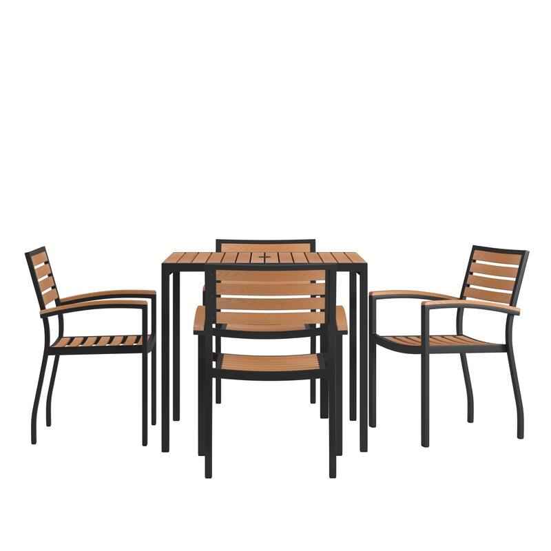 Black Steel Framed 36" Square Faux Teak Table with Umbrella Hole & 4 Club Chairs