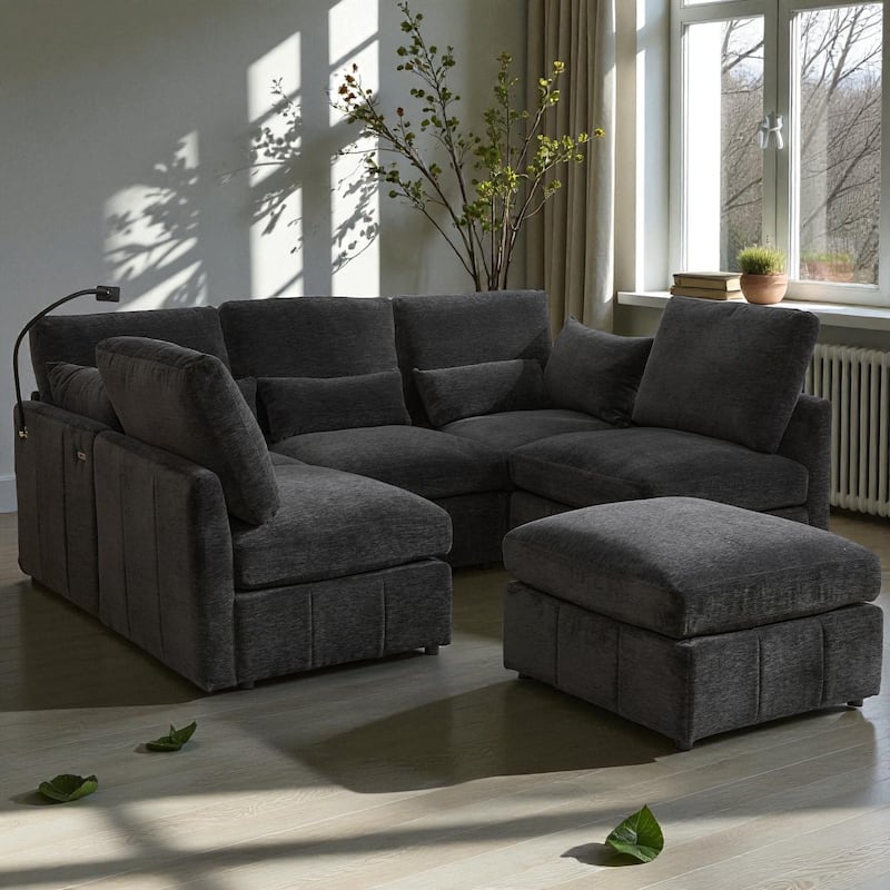 85.4" Modular Sectional Sofa with Movable Ottoman, USB Ports and Phone Holder, Chenille U-Shape Couch for Living Room