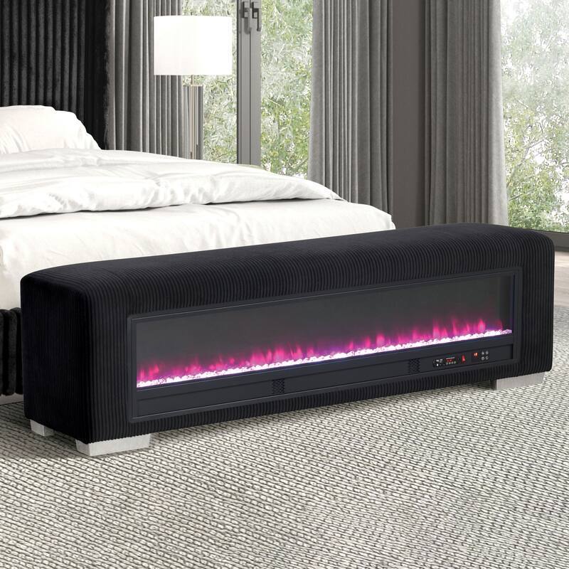 Furniture of America Goffney Chenille Bench with Fireplace Simulator and Bluetooth Audio - Black