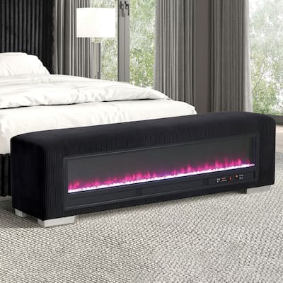 Furniture of America Goffney Chenille Bench with Fireplace Simulator and Bluetooth Audio