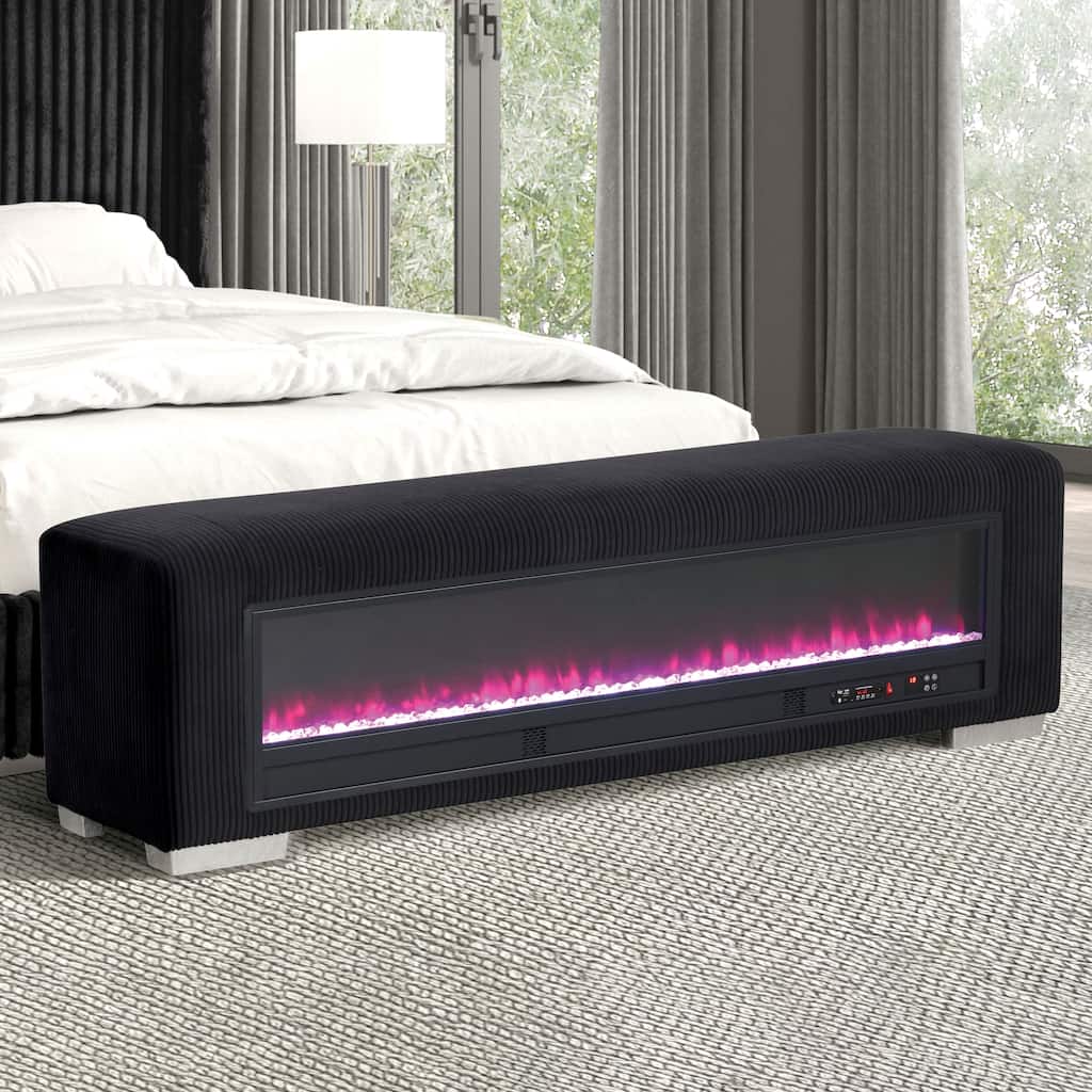 Furniture of America Goffney Chenille Bench with Fireplace Simulator and Bluetooth Audio