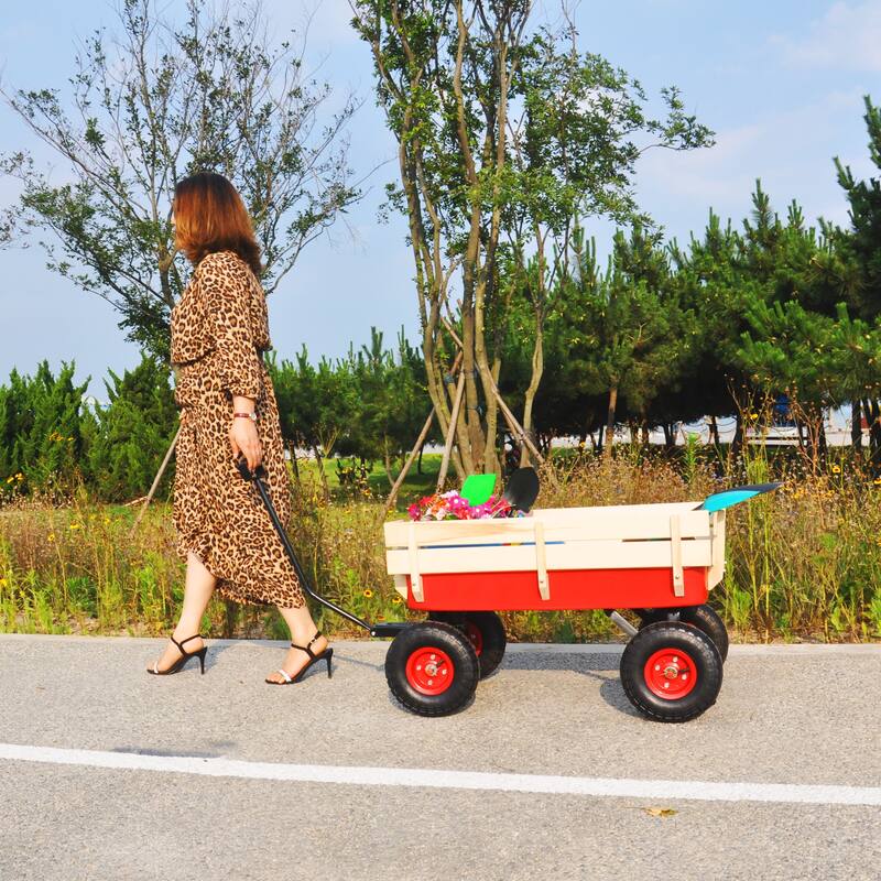 All-Terrain Yard Cart - Adjustable Handle, Large Capacity, Steel and Wood Construction with 180° Steering - Metal