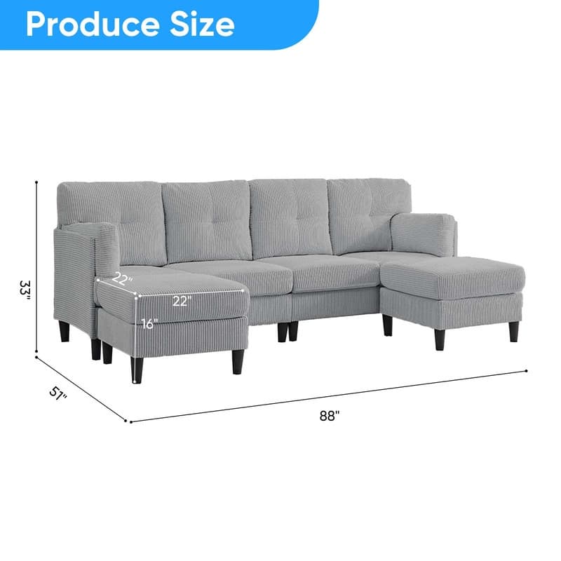 Mixoy Corduroy U-Shape Modular Convertible Sectional Sofa,Upholstered 4-Seater Sofa Couch with Movable Ottoman