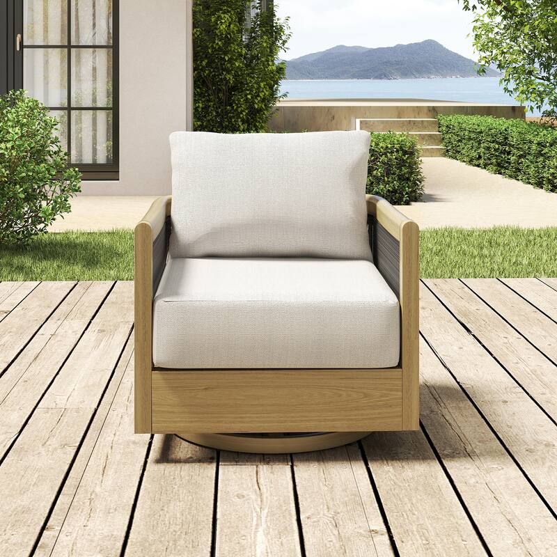 Overture 1-Piece Natural Wood Grain Aluminum Hand-Woven Rope Patio Swivel Sofa Chair with Beige Cushions