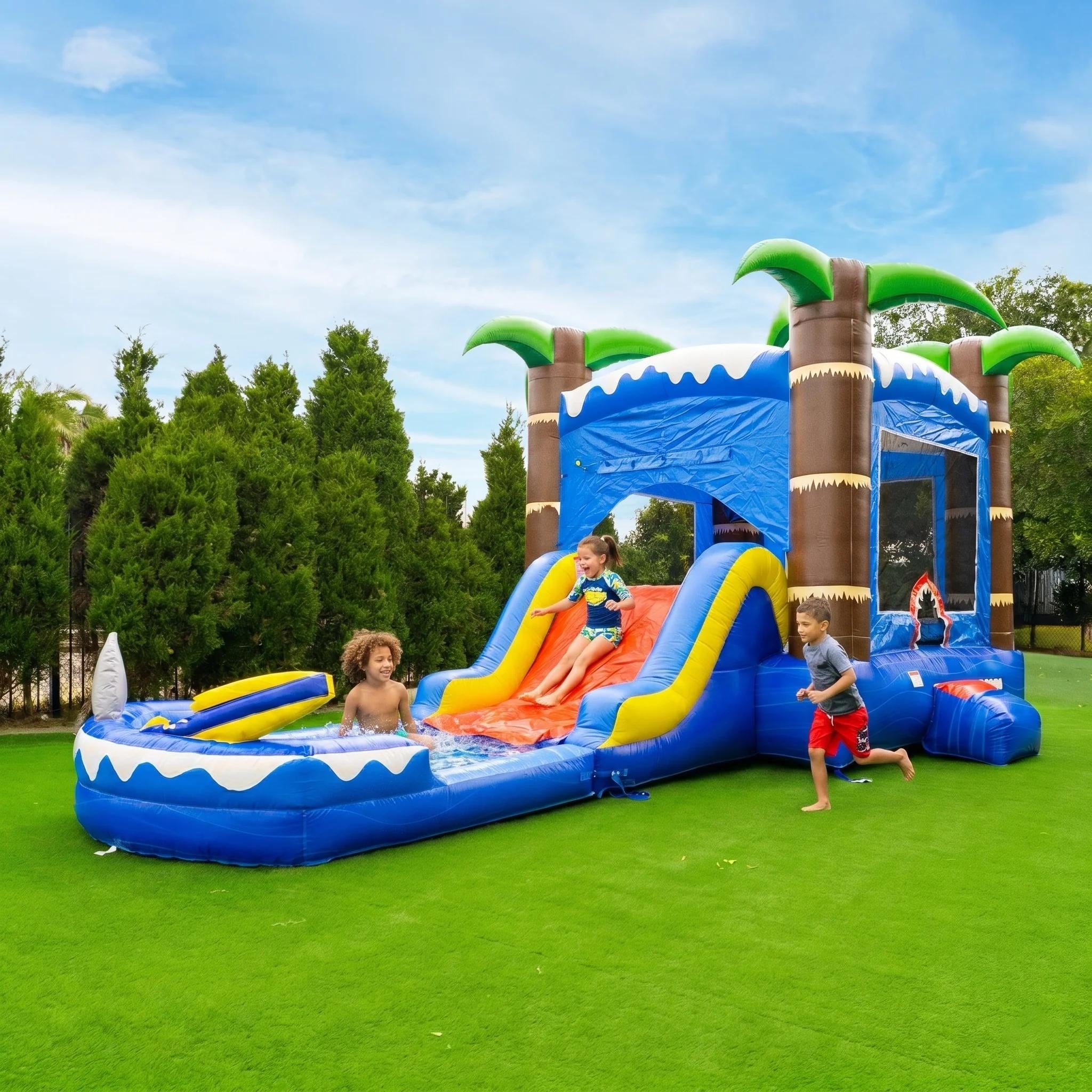 HeroKiddo 26 ft Ocean Shark Commercial Grade Bounce House Water Slide Combo with Splash Pool Outdoor Water Inflatable