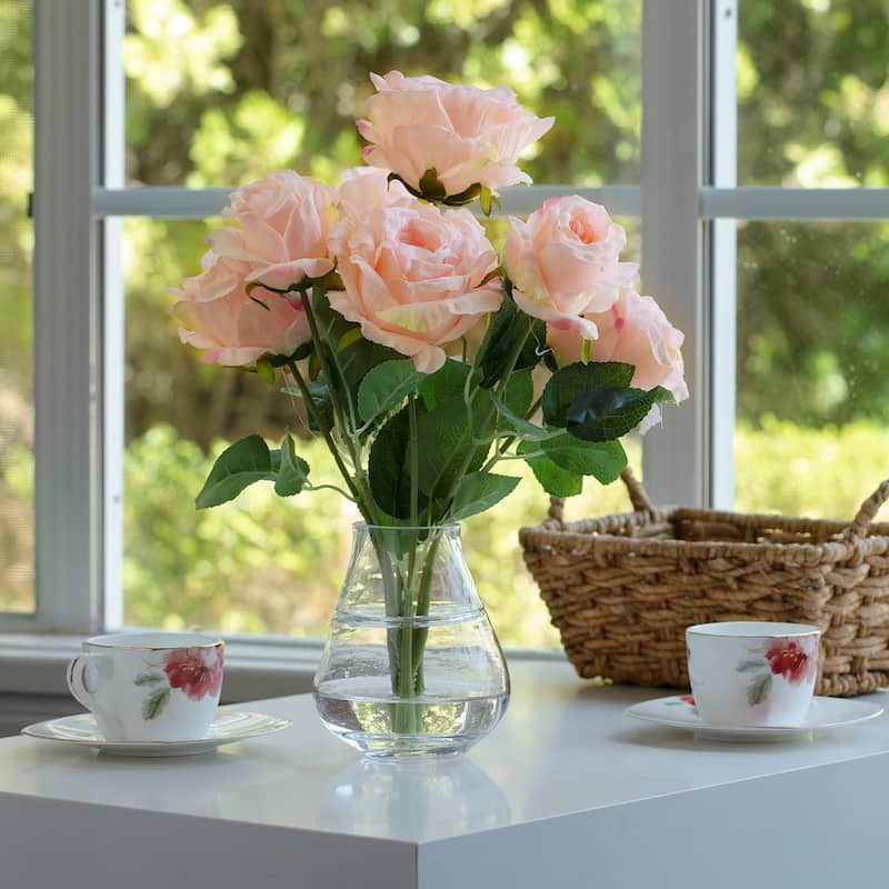 Enova Home 7 Head Artificial Silk Rose Flowers in Clear Glass Vase with Faux Water for Home Office Decoration - N/A - Light Pink