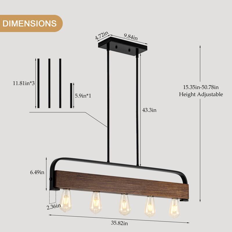 35.82-inch 5-light modern minimalist double-rod metal pendant lamp with adjustable height